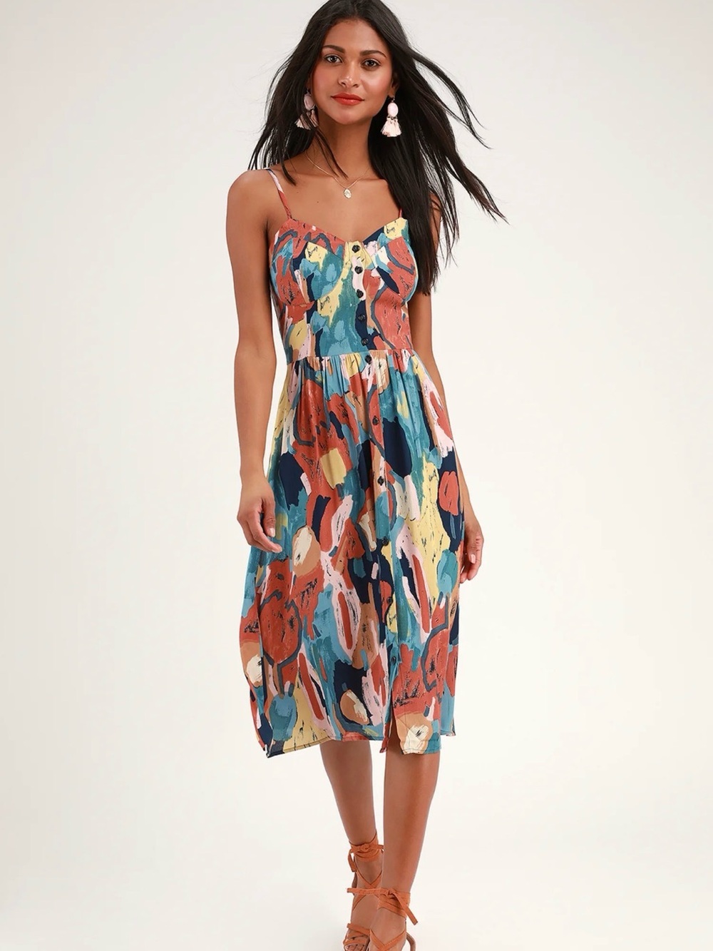 Rolla’s Eve Painted Tulip Rust Orange Multi Print Button-Up Midi Dress
